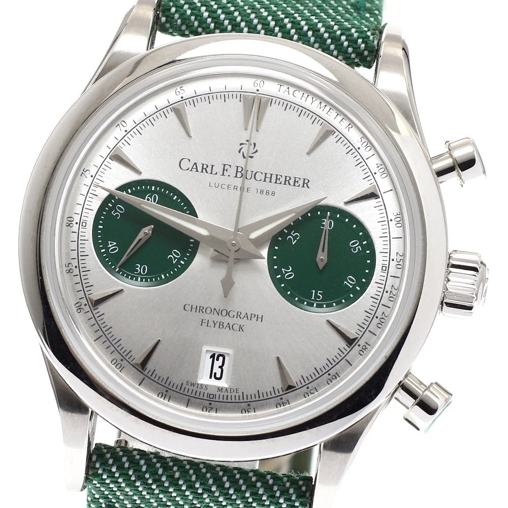 CARL F.BUCHERER AUTOMATIC WATCH: CARL F.BUCHERER Automatic Watch Brand: CARL F.BUCHERER Type/Style: Wristwatch Material: Band Material fabric, Case Material Stainless Steel Color: Dial Color Silver / Green Band Color green Case