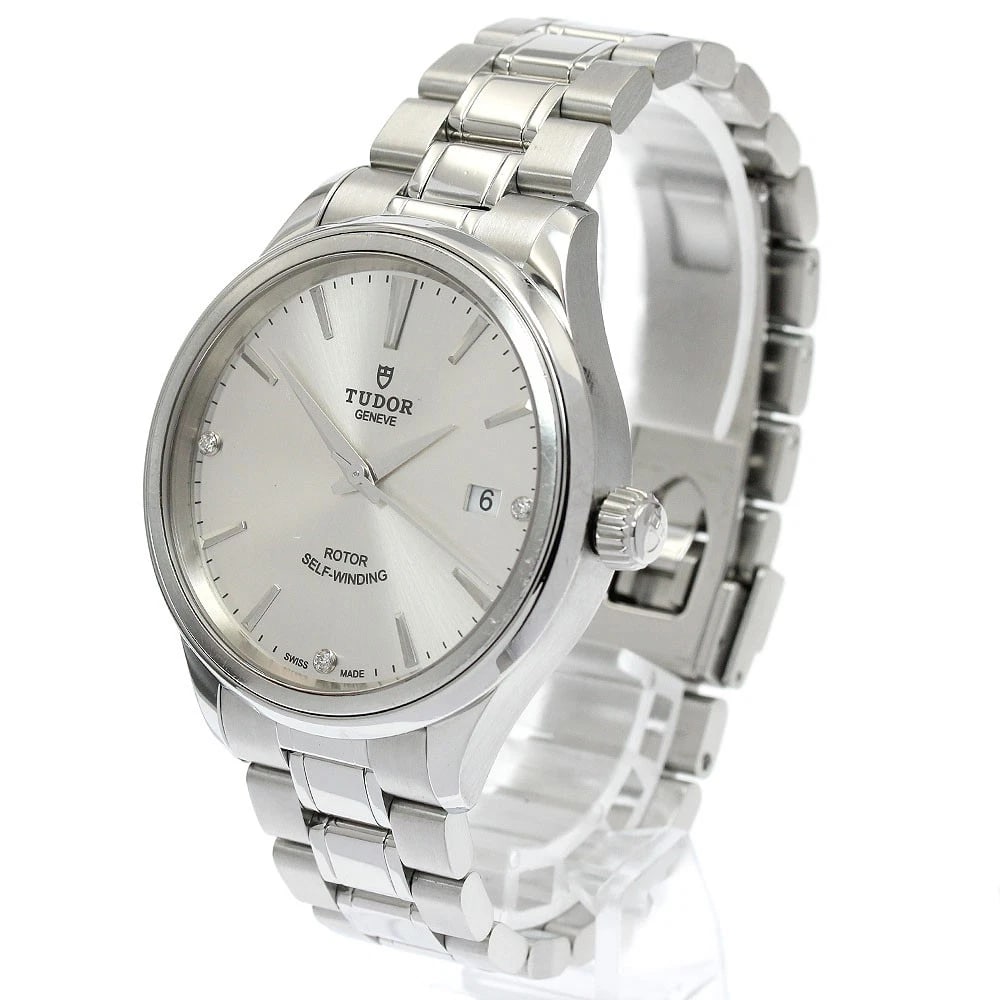 TUDOR STYLE DATE DIAMOND SILVER AUTOMATIC WATCH: TUDOR style Date diamond Silver Automatic Watch Brand: TUDOR Type/Style: Wristwatch Material: Band Material Stainless Steel, Case Material Stainless Steel Color: Dial Color Silver Band Color Silver