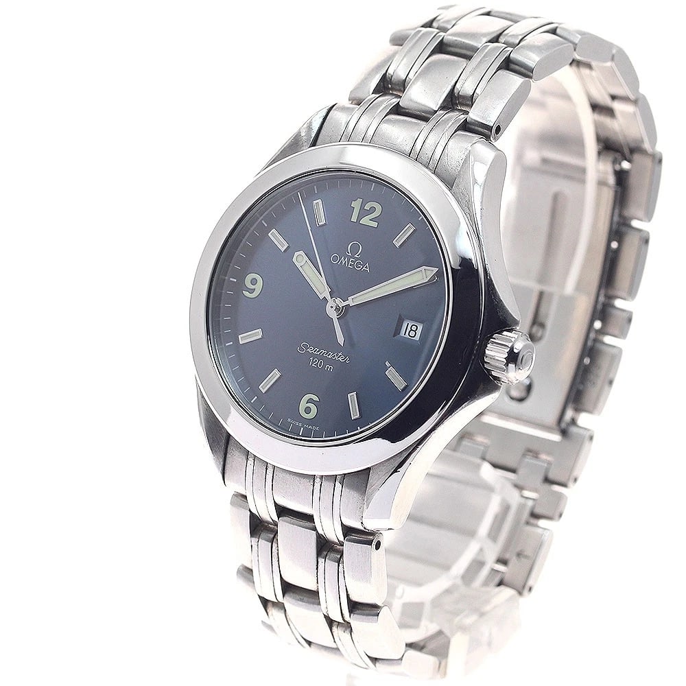 OMEGA SEAMASTER DATE BLUE QUARTZ WATCH: OMEGA Seamaster Date blue Quartz Watch Brand: OMEGA Type/Style: Wristwatch Material: Band Material Stainless Steel, Case Material Stainless Steel Color: Dial Color blue Band Color Silver Case Color