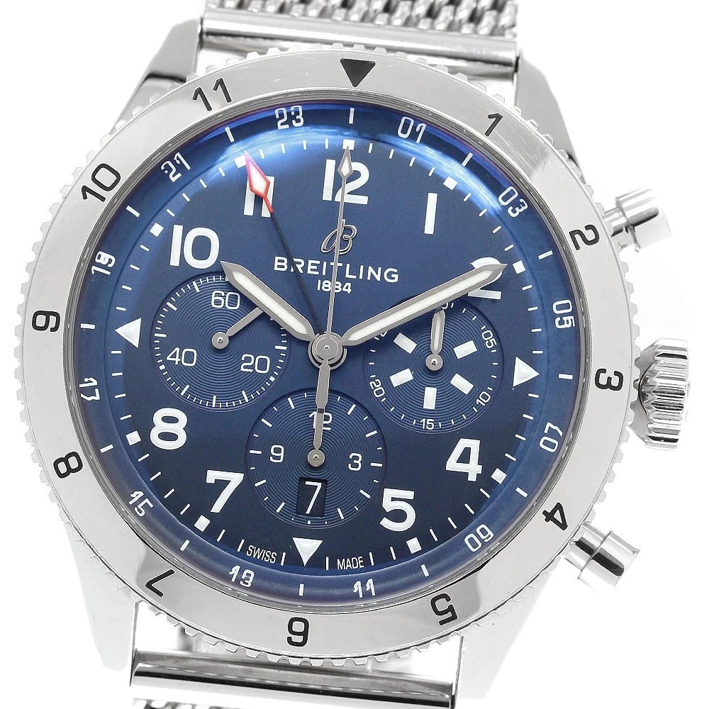 BREITLING SUPER CHRONOGRAPH BLACK WATCH: BREITLING Super chronograph black Watch Brand: BREITLING Type/Style: Wristwatch Material: Band Material Stainless Steel, Case Material Stainless Steel Color: Dial Color Navy Band Color Silver Case