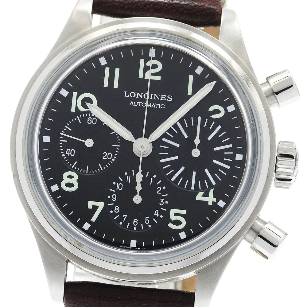 LONGINES AVIATION CHRONOGRAPH BLACK AUTOMATIC WATCH: LONGINES Aviation Chronograph black Automatic Watch Brand: LONGINES Type/Style: Wristwatch Material: Band Material leather, Case Material Stainless Steel Color: Dial Color black Band Color Brown Case