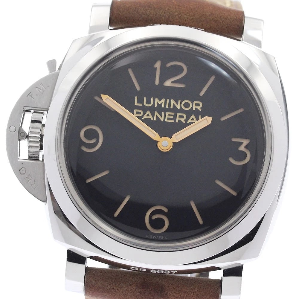PANERAI LUMINOR HAND WINDING WATCH: PANERAI Luminor Hand Winding Watch Brand: PANERAI Type/Style: Wristwatch Material: Band Material leather, Case Material Stainless Steel Color: Case Color Silver Band Color Brown Dial Color black