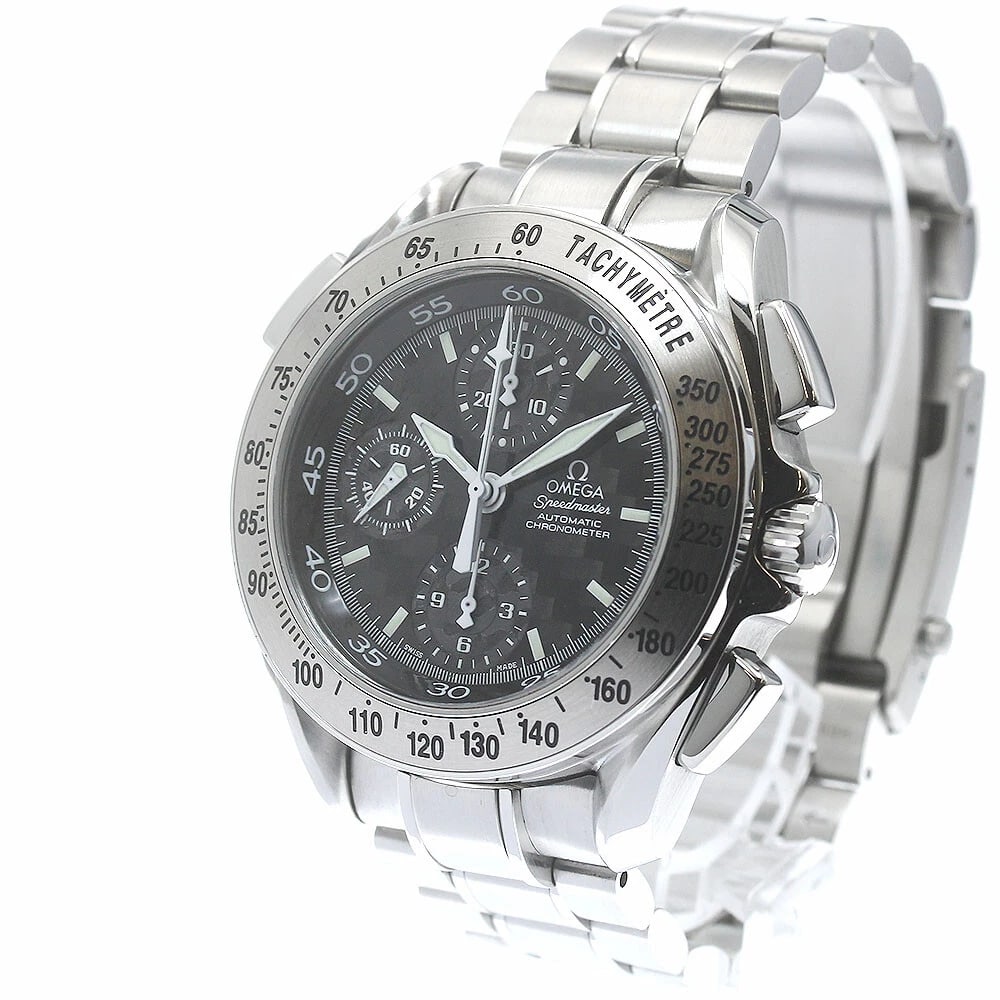OMEGA SPEEDMASTER BLACK AUTOMATIC WATCH: OMEGA Speedmaster black Automatic Watch Brand: OMEGA Type/Style: Wristwatch Material: Band Material Stainless Steel, Case Material Stainless Steel Color: Dial Color black Band Color Silver Case Color