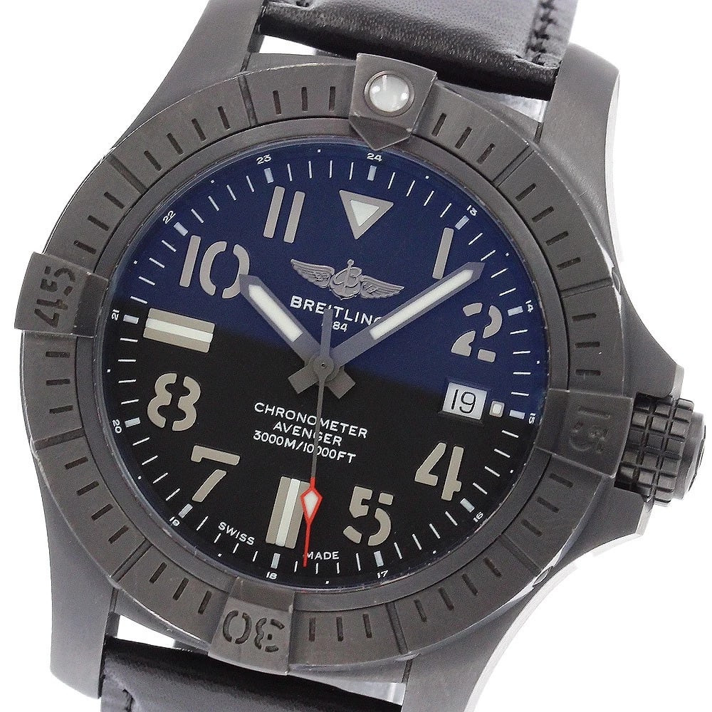 BREITLING AVENGER AUTOMATIC DATE WATCH: BREITLING Avenger Automatic Date Watch Brand: BREITLING Type/Style: Wristwatch Material: Band Material leather, Case Material titanium Color: Case Color black Band Color black Dial Color black Size:
