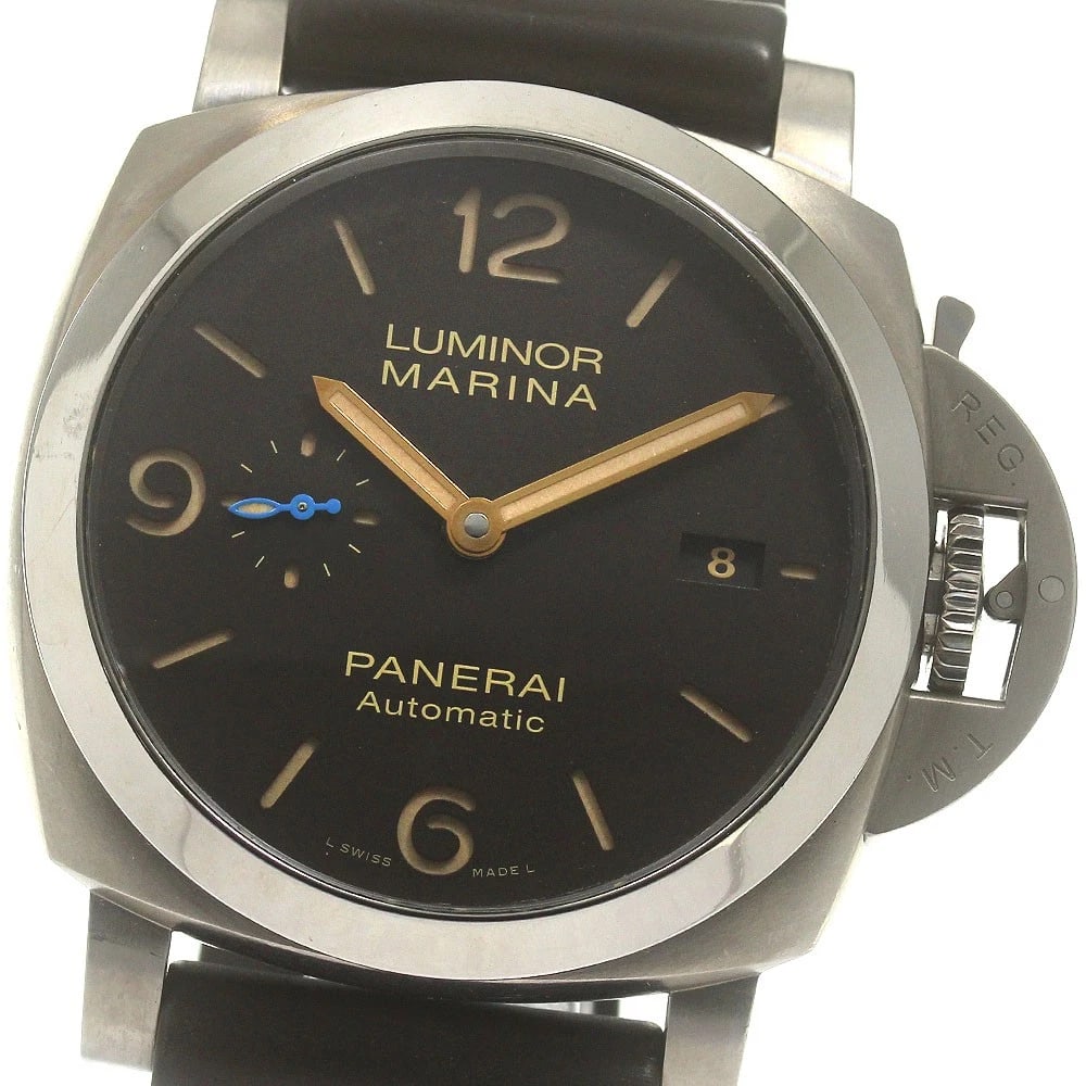 PANERAI LUMINOR MARINA AUTOMATIC WATCH: PANERAI Luminor Marina Automatic Watch Brand: PANERAI Type/Style: Wristwatch Material: Band Material rubber, Case Material titanium Color: Dial Color Dark brown Band Color black Case Color Silver