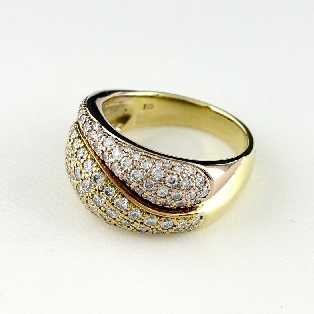 MELEE DIAMOND DESIGN RING YG PG RING 18K: Melee Diamond Design Ring Yg Pg Ring 18K Brand: Unbranded Type/Style: Ring Material: 18K YG, Main Stone Natural Color: YG Size: US7 to 7.5 Accessories: None Accessories Notice: When purchasing
