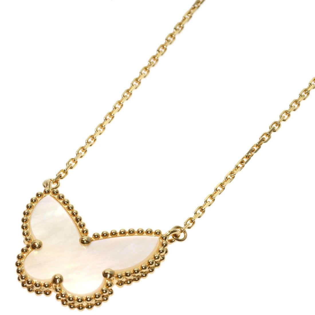 VAN CLEEF & ARPELS LUCKY ALHAMBRA PAPILLON WHITE SHELL NECKLACE K18 YELLOW: Van Cleef & Arpels Lucky Alhambra Papillon White Shell Necklace K18 Yellow Brand: Van Cleef & Arpels Type/Style: Necklace Material: K18 Yellow Gold, Main Stone Shell Color: Gold Size: Chain
