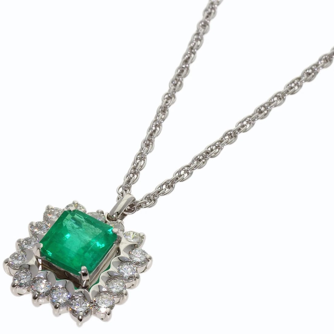 EMERALD DIAMOND NECKLACE PLATINUM PT900 PT850: Emerald Diamond Necklace Platinum PT900 PT850 Brand: SELECT JEWELRY Type/Style: Necklace Material: Platinum PT900/PT850, Main Stone Emerald Color: Silver Size: Chain Length:17.7inch/45cm Chain