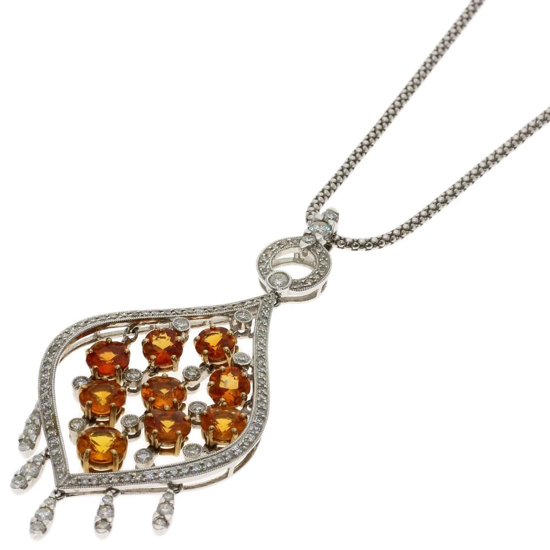 ORANGE SAPPHIRE DIAMOND NECKLACE K18 WHITE GOLD: Orange Sapphire Diamond Necklace K18 White Gold Brand: SELECT JEWELRY Type/Style: Necklace Material: K18 White Gold, Main Stone Sapphire Color: Silver Size: Chain Length:23.6inch/60cm Chain