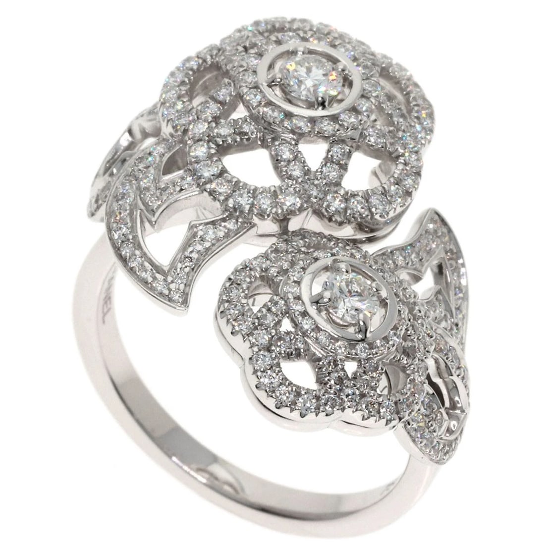 CHANEL CAMELLIA DIAMOND RING K18 WHITE GOLD: CHANEL Camellia Diamond Ring K18 White Gold Brand: CHANEL Type/Style: Ring Material: K18 White Gold, Main Stone Natural Color: Silver Size: 6.5(US) Accessories: None Accessories Notice: Wh