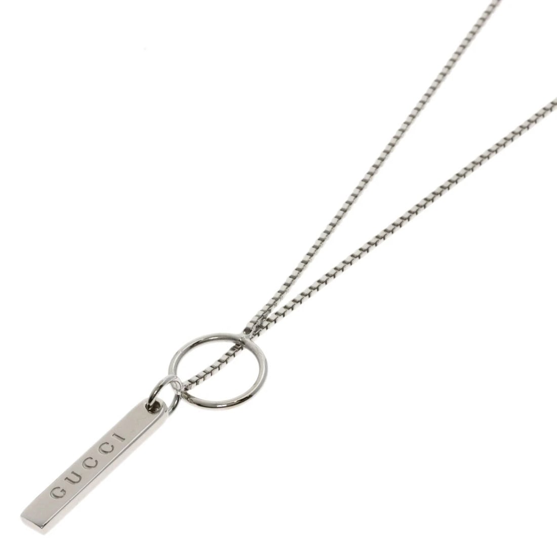 GUCCI LARIAT NECKLACE K18 WHITE GOLD: GUCCI lariat Necklace K18 White Gold Brand: GUCCI Type/Style: Necklace Material: K18 White Gold, Color: Silver Size: Chain Length:20.5inch/52cm Chain Width:0.4inch/1mm Top Size:0.8inch/19.6x3x1.5mm