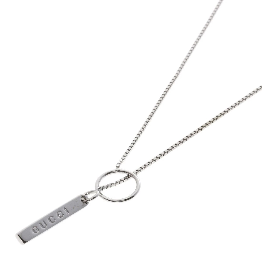 GUCCI LARIAT NECKLACE K18 WHITE GOLD: GUCCI lariat Necklace K18 White Gold Brand: GUCCI Type/Style: Necklace Material: K18 White Gold, Color: Silver Size: Chain Length:20.5inch/52cm Chain Width:0.3inch/0.8mm Top Size:0.8inch/19.6x3x1.4mm 