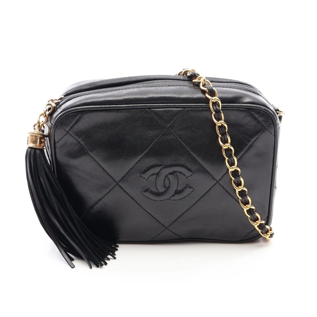 CHANEL COCO MARK DIAMOND STITCH FRINGE CHAIN SHOULDER BAG: CHANEL COCO Mark Diamond Stitch Fringe Chain Shoulder Bag Brand: CHANEL Type/Style: Shoulder Bag Material: Lambskin (sheep leather) Color: Black?ish colors Size: (H:4.9inch x W:7.1inch x D:2.8inch)