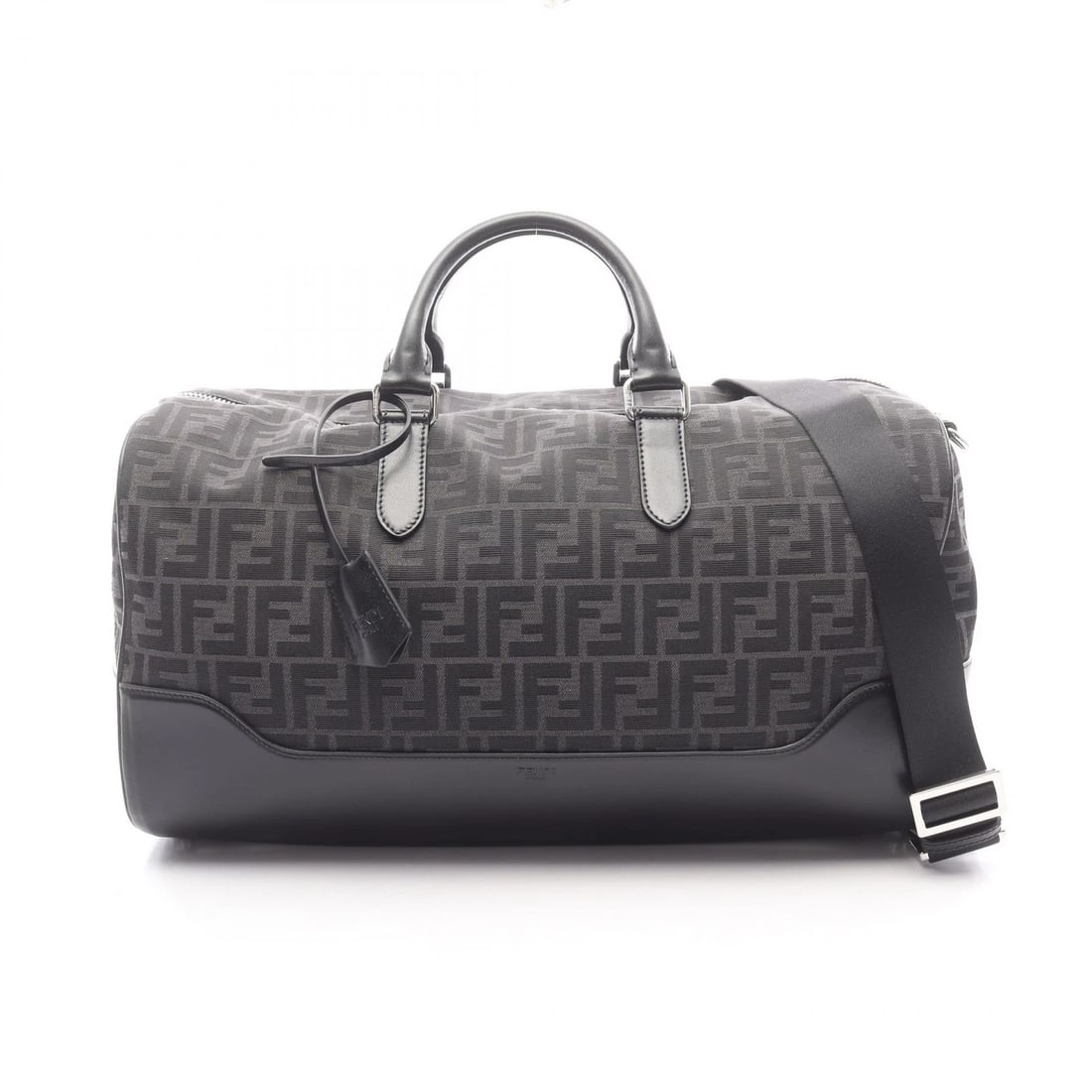 FENDI FF JACQUARD DUFFLE 2WAY TRAVEL BAG: FENDI FF Jacquard Duffle 2WAY Travel bag Brand: FENDI Type/Style: Boston bag Material: canvas ? leather Color: Gray?ish colors ? Black?ish colors Size: (H:10.2inch x W:17.7inch x D:7.1inch) Access