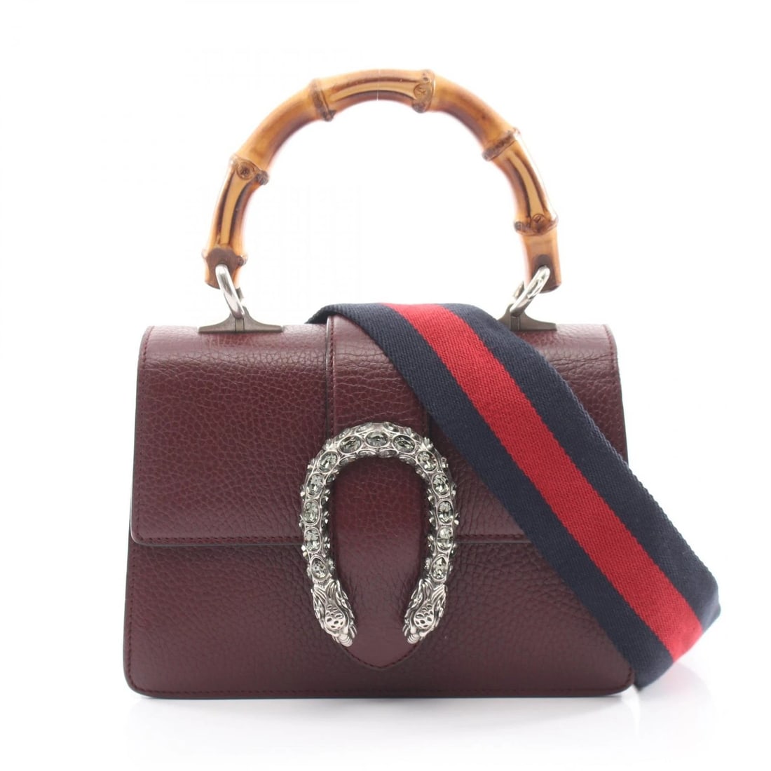 GUCCI DIONYSUS BAMBOO RHINESTONE 2-WAY HANDBAG: GUCCI Dionysus Bamboo Rhinestone 2-Way Handbag Brand: GUCCI Type/Style: Handbag Material: leather Color: Bordeaux?ish colors Size: (H:5.7inch x W:8.1inch x D:0.8inch) Accessories: None Accessories