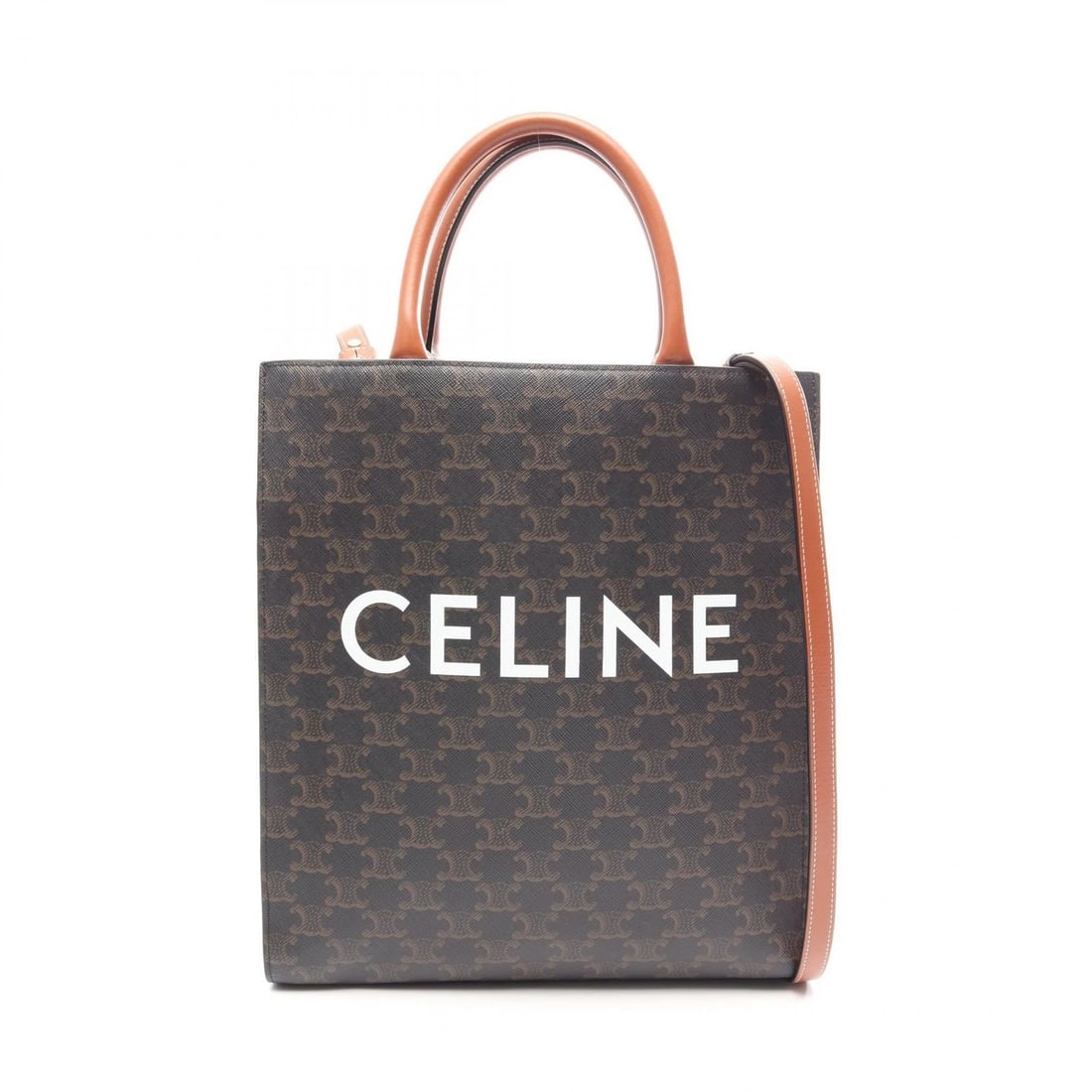CELINE SMALL VERTICAL CABAS TRIOMPHE SHOULDER CROSSBODY TOTE BAG: CELINE Small Vertical Cabas Triomphe shoulder crossbody Tote Bag Brand: CELINE Type/Style: Tote Bag Material: PVC coated canvas ? leather Color: Black?ish colors ? Brown?ish colors Size: (H:12.8inch x