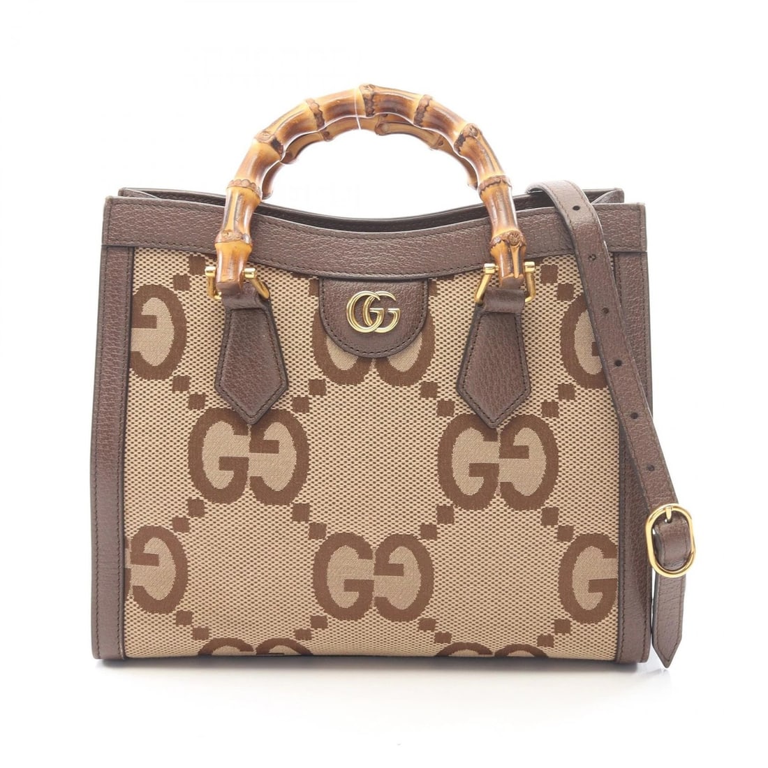 GUCCI DIANA JUMBO GG 2WAY HANDBAG: GUCCI Diana Jumbo GG 2WAY Handbag Brand: GUCCI Type/Style: Handbag Material: canvas ? leather Color: Beige?ish colors ? Brown?ish colors Size: (H:8.3inch x W:10.6inch x D:4.3inch) Accessories: None
