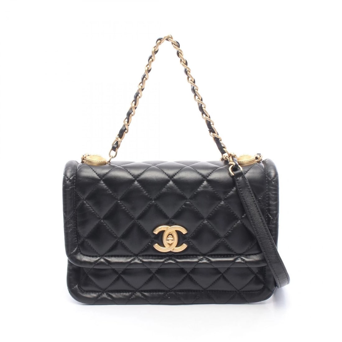 CHANEL MATELASSE CHAIN SHOULDER BAG: CHANEL Matelasse Chain Shoulder Bag Brand: CHANEL Type/Style: Shoulder Bag Material: Lambskin (sheep leather) Color: Black?ish colors Size: (H:6.3inch x W:9.6inch x D:3.0inch) Accessories: None