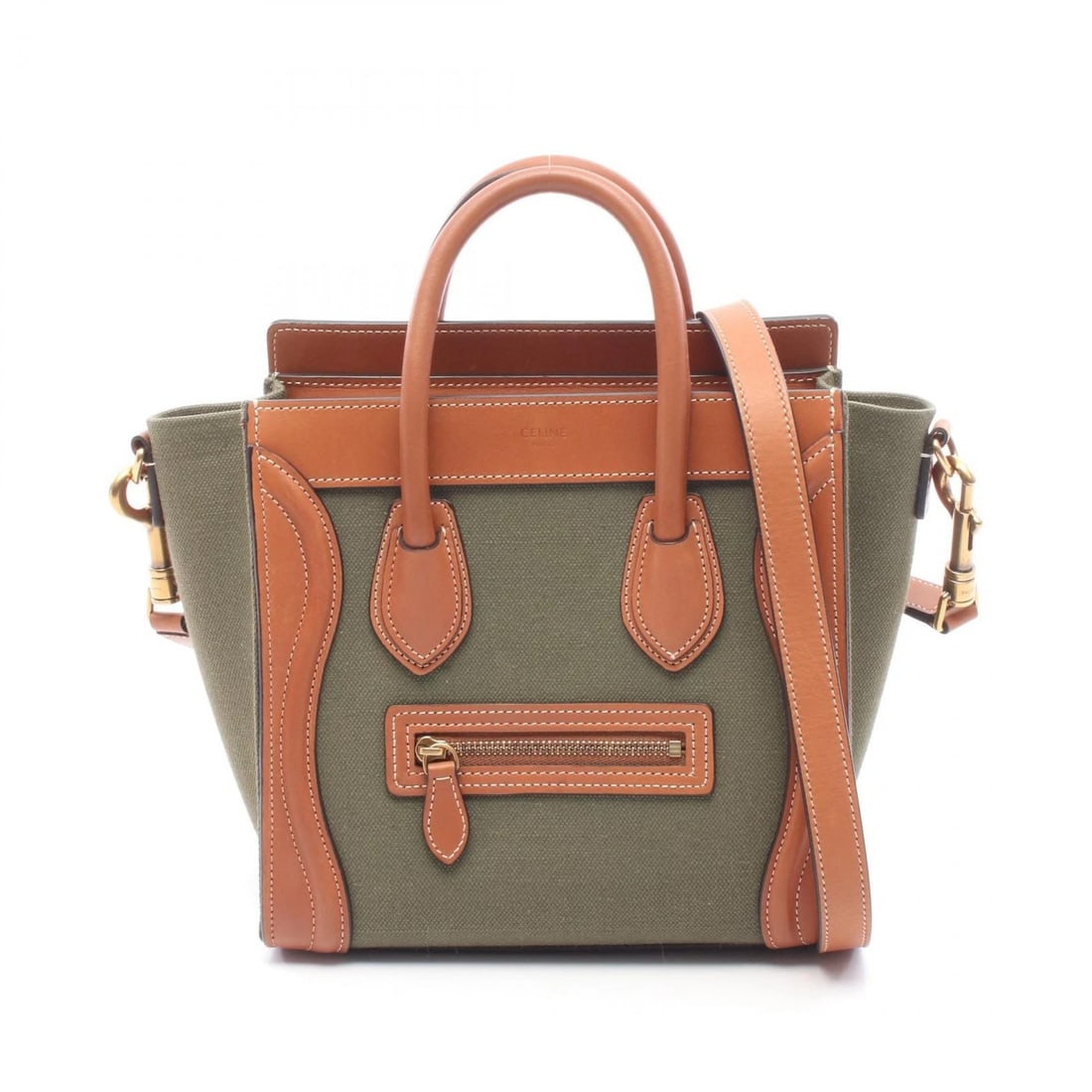 CELINE LUGGAGE NANO SHOPPER 2WAY HANDBAG: CELINE Luggage Nano Shopper 2WAY Handbag Brand: CELINE Type/Style: Handbag Material: canvas ? leather Color: Khaki?ish colors ? Brown?ish colors Size: (H:7.9inch x W:7.9inch x D:3.5inch) Accessori