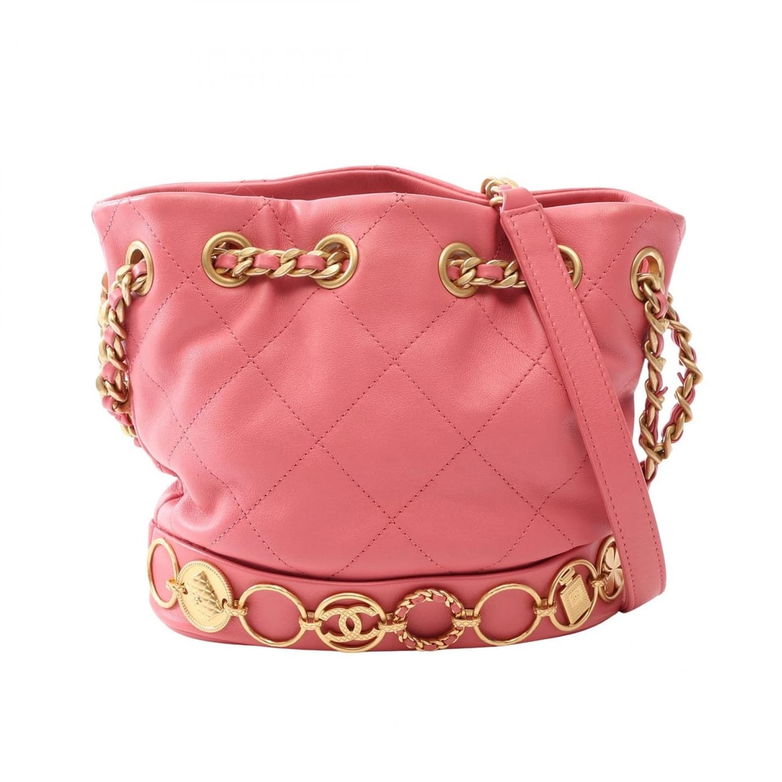 CHANEL MATELASSE CHAIN SHOULDER CROSSBODUY BAG: CHANEL Matelasse Chain Shoulder Crossboduy Bag Brand: CHANEL Type/Style: Shoulder Bag Material: Lambskin (sheep leather) Color: Pink?ish colors Size: (H:6.7inch x W:7.1inch x D:3.1inch) Accessorie