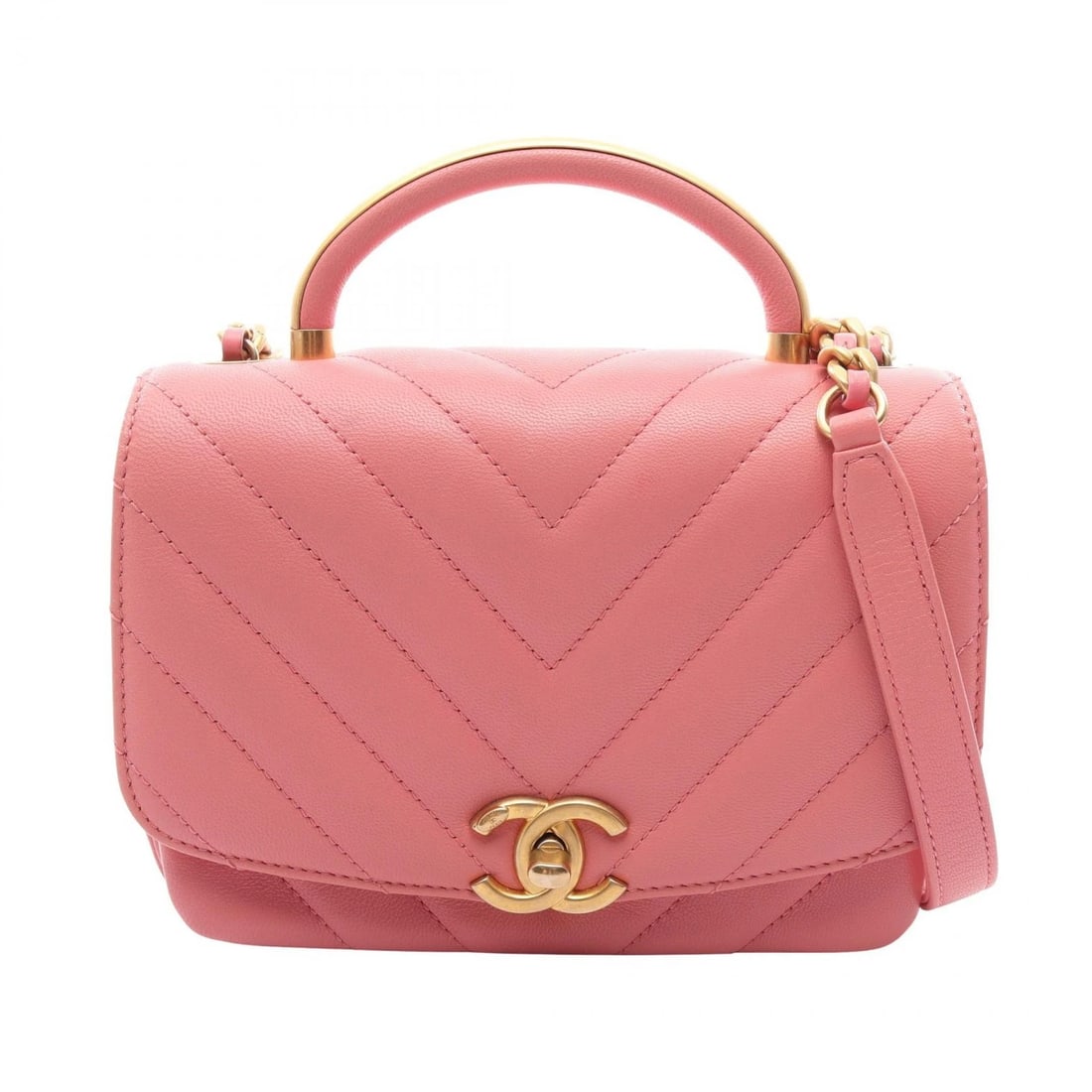 CHANEL CHEVRON V STITCH TOP HANDLE CHAIN CROSSBODY HANDBAG: CHANEL Chevron V stitch Top Handle Chain Crossbody Handbag Brand: CHANEL Type/Style: Shoulder Bag Material: leather Color: Pink?ish colors Size: (H:5.1inch x W:6.7inch x D:2.0inch) Accessories: No