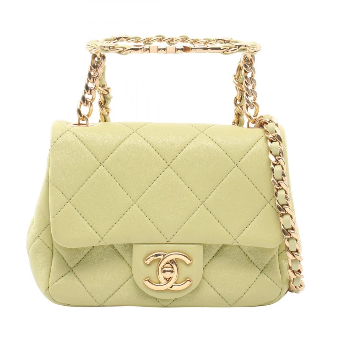 CHANEL MINI MATELASSE TOP HANDLE 2WAY SHOULDER BAG: CHANEL Mini Matelasse Top Handle 2WAY Shoulder Bag Brand: CHANEL Type/Style: Shoulder Bag Material: Lambskin (sheep leather) Color: Green?ish colors Size: (H:5.1inch x W:7.1inch x D:2.4inch) Acces