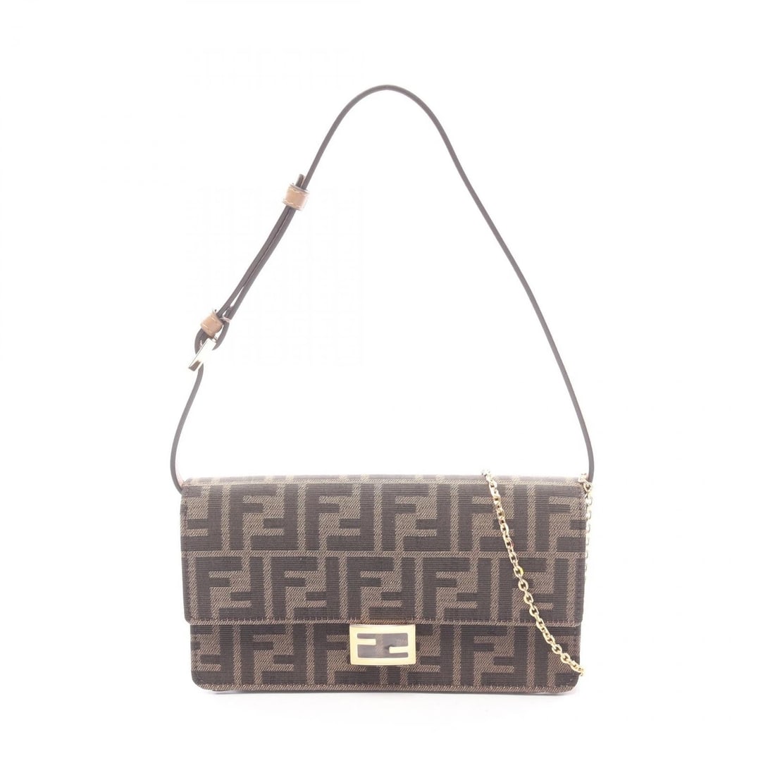 FENDI BAGUETTE ZUCCA CHAIN SHOULDER HANDBAG: FENDI Baguette Zucca Chain Shoulder Handbag Brand: FENDI Type/Style: Shoulder Bag Material: canvas ? leather Color: Brown?ish colors Size: (H:4.3inch x W:8.3inch x D:2.4inch) Accessories: None