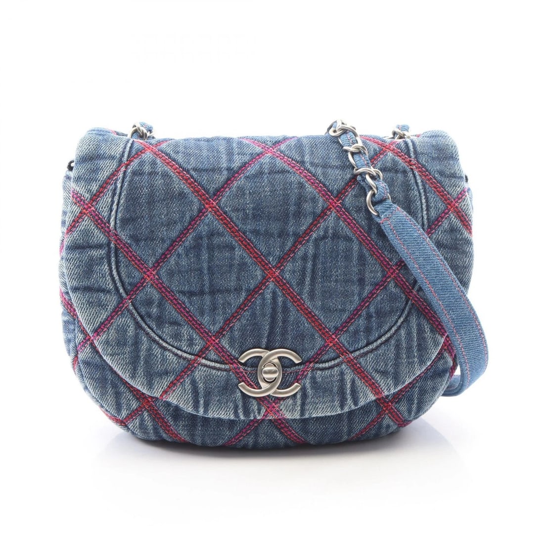 CHANEL MATELASSE ROUND FLAP SHOULDER CROSSBODY BAG: CHANEL Matelasse Round Flap Shoulder crossbody Bag Brand: CHANEL Type/Style: Shoulder Bag Material: denim Color: Navy?ish colors Size: (H:7.1inch x W:8.3inch x D:1.6inch) Accessories: None