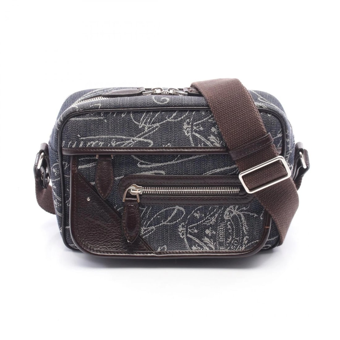BERLUTI CALLIGRAPHY MINI SHOULDER CROSSBODY BAG: Berluti Calligraphy Mini Shoulder crossbody Bag Brand: BERLUTI Type/Style: Shoulder Bag Material: denim ? leather Color: Navy?ish colors ? Brown?ish colors Size: (H:6.5inch x W:9.1inch x D:2.8inch)