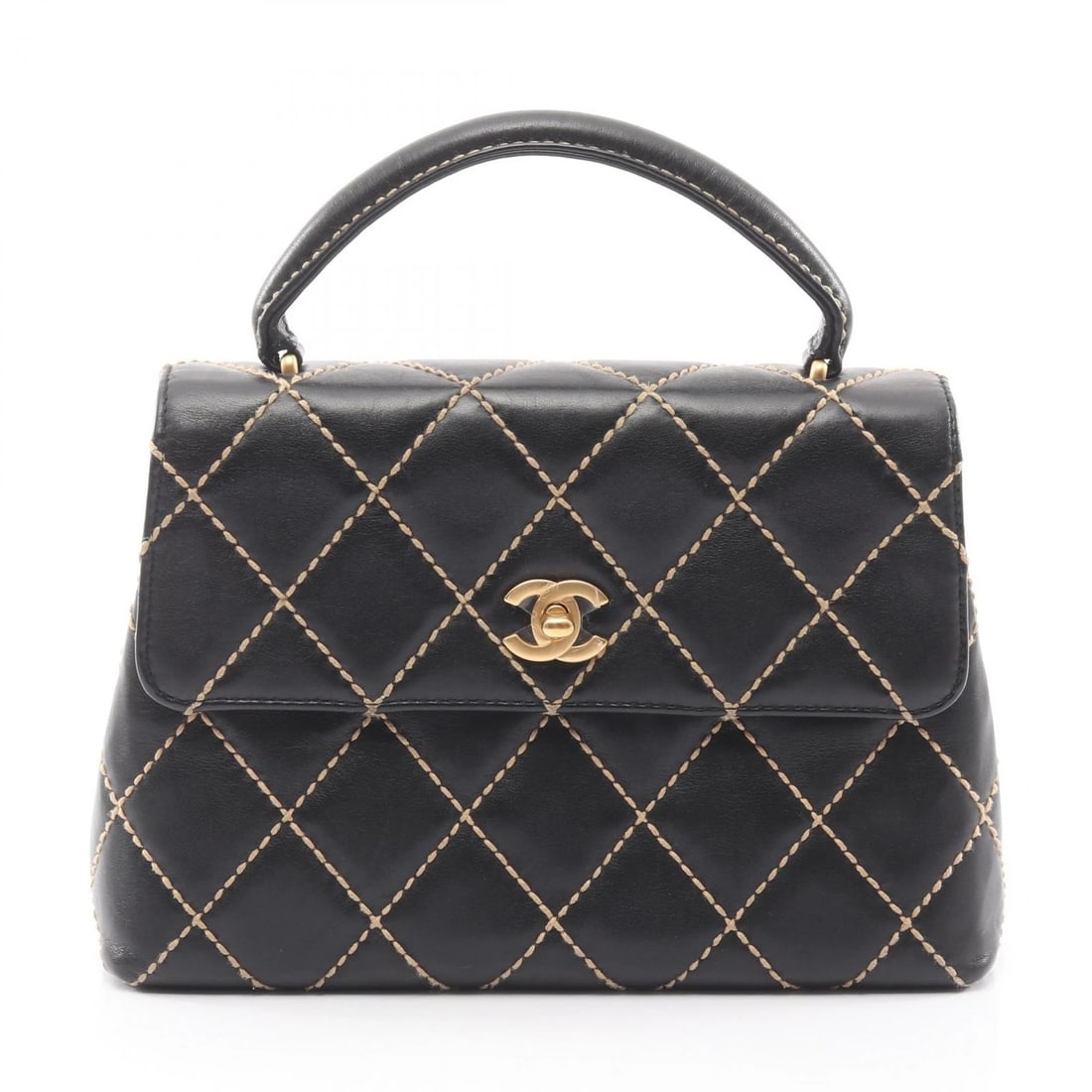 CHANEL WILD STITCH TOP HANDLE HANDBAG LEATHER BLACK: CHANEL Wild stitch Top handle Handbag leather Black Brand: CHANEL Type/Style: Handbag Material: leather Color: Black?ish colors Size: (H:6.7inch x W:10.2inch x D:3.5inch) Accessories: None