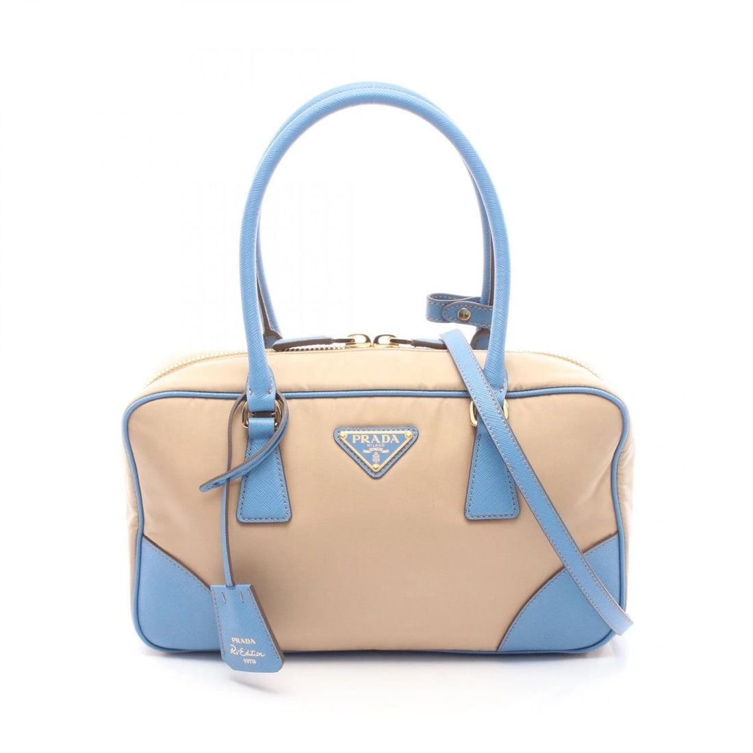 PRADA MEDIUM CROSSBODY HANDBAG: PRADA Medium Crossbody Handbag Brand: PRADA Type/Style: Handbag Material: Nylon ? Saffiano leather Color: Beige?ish colors ? Blue?ish colors Size: (H:6.9inch x W:11.8inch x D:3.5inch) Accessories: