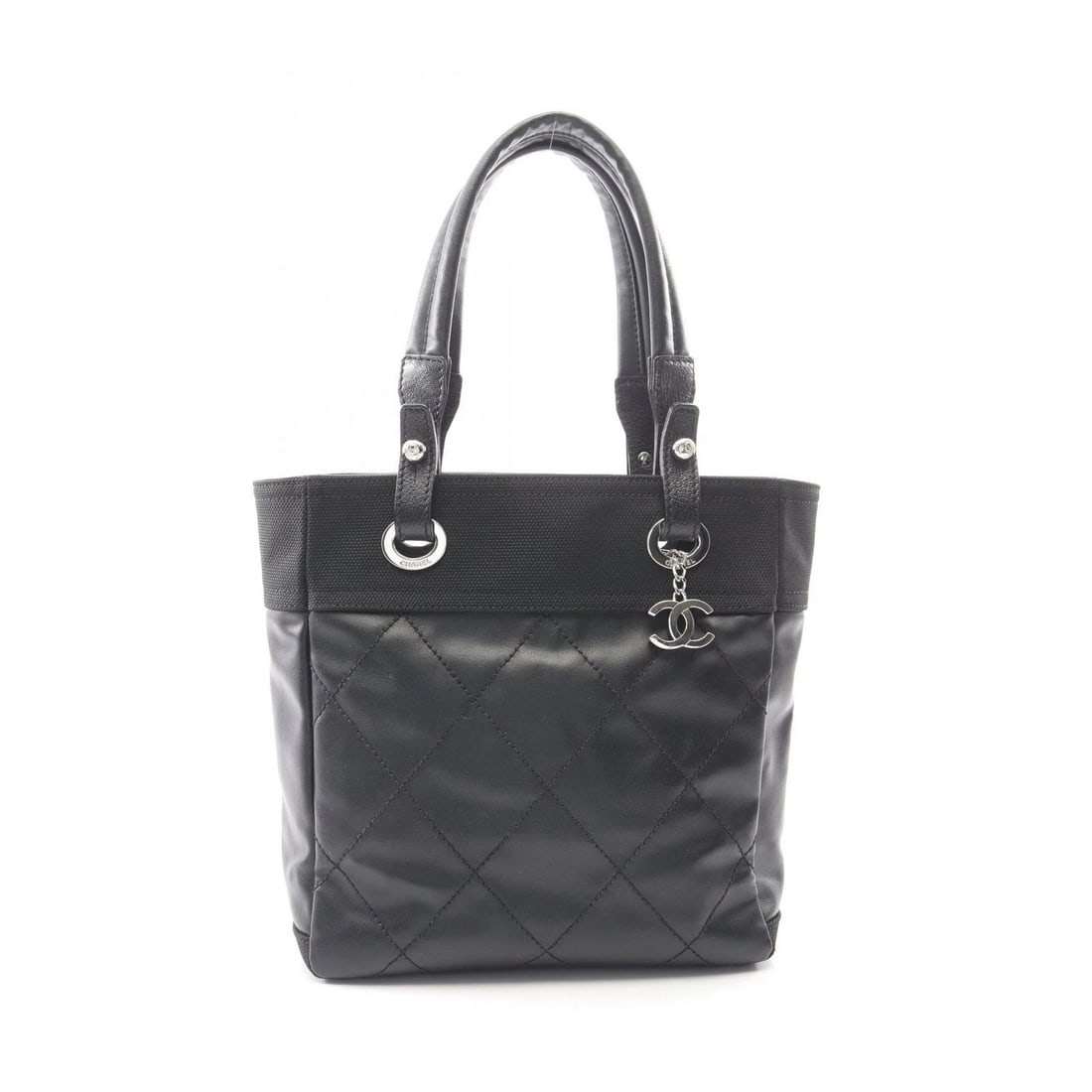 CHANEL PARIS BIARRITZ PM TOTE SHOULDER BAG: CHANEL Paris Biarritz PM Tote Shoulder Bag Brand: CHANEL Type/Style: Tote Bag Material: PVC coated canvas ? leather Color: Black?ish colors Size: (H:10.6inch x W:9.8inch x D:4.3inch) Accessories:
