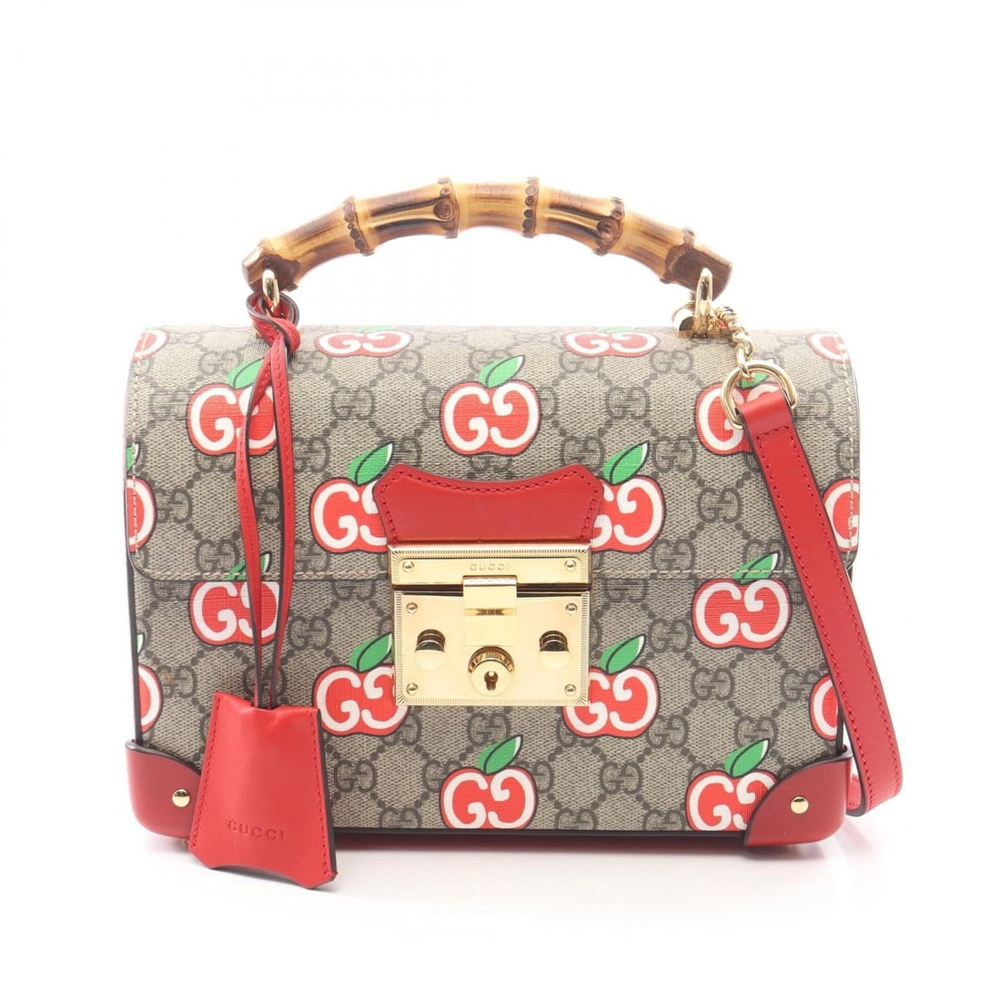 GUCCI GG APPLE SMALL BAMBOO SHOULDER CROSSBODY HANDBAG: GUCCI GG Apple Small Bamboo shoulder crossbody Handbag Brand: PVC coated canvas ? leather Type/Style: Handbag Material: PVC coated canvas ? leather Color: Beige?ish colors ? Multicolor?ish colors