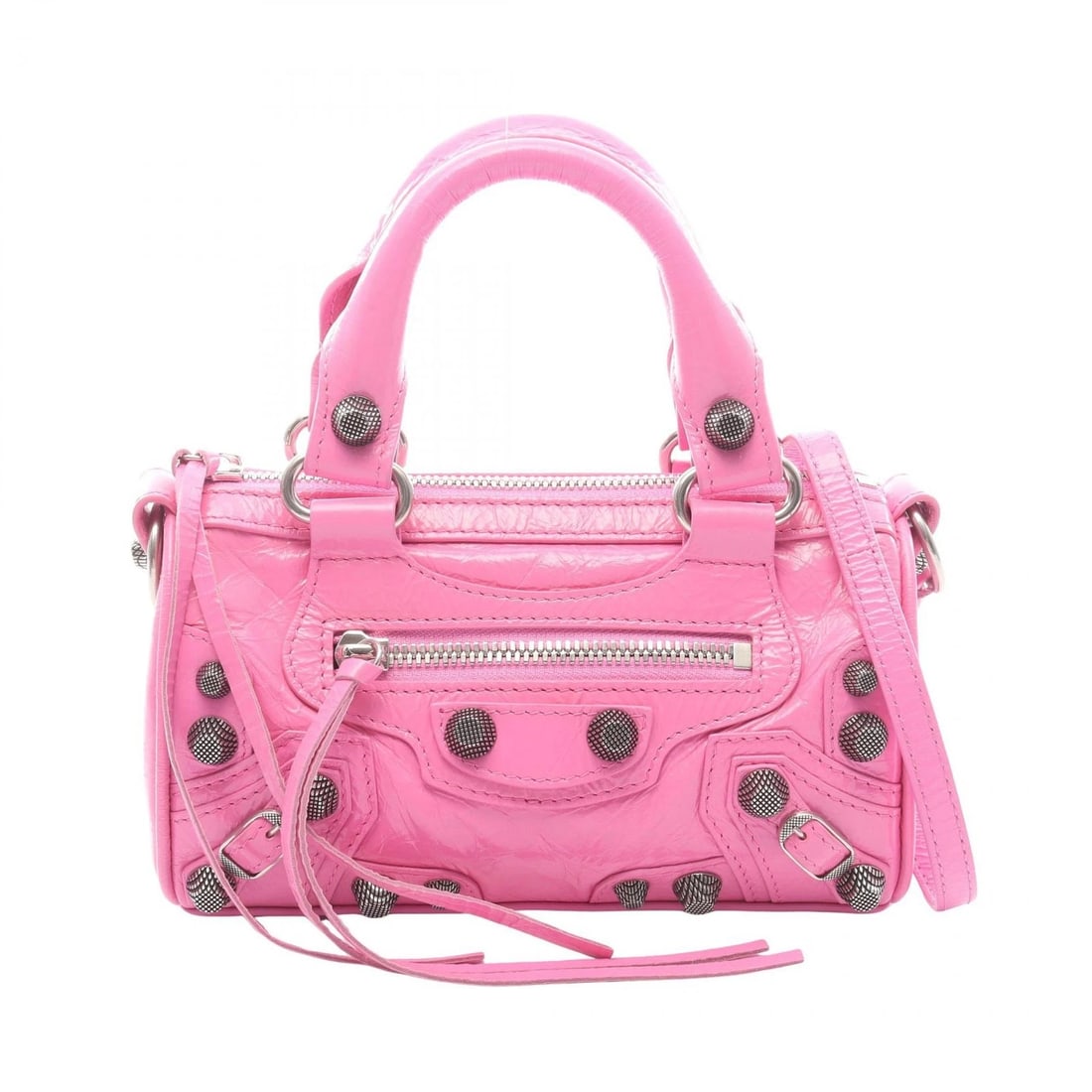 BALENCIAGA LE CAGOLL NANO DUFFLE CROSSBODY HANDBAG: BALENCIAGA Le Cagoll Nano Duffle Crossbody Handbag Brand: BALENCIAGA Type/Style: Handbag Material: leather Color: Pink?ish colors Size: (H:3.9inch x W:7.1inch x D:2.8inch) Accessories: None