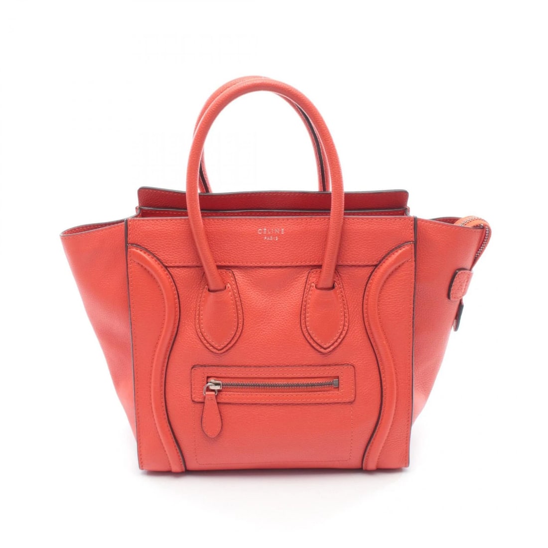 CELINE LUGGAGE MICRO SHOPPER TOTE HAND BAG LEATHER RED: CELINE Luggage micro shopper Tote hand Bag leather Red Brand: CELINE Type/Style: Tote Bag Material: leather Color: Red?ish colors Size: (H:10.2inch x W:10.2inch x D:5.1inch) Accessories: None