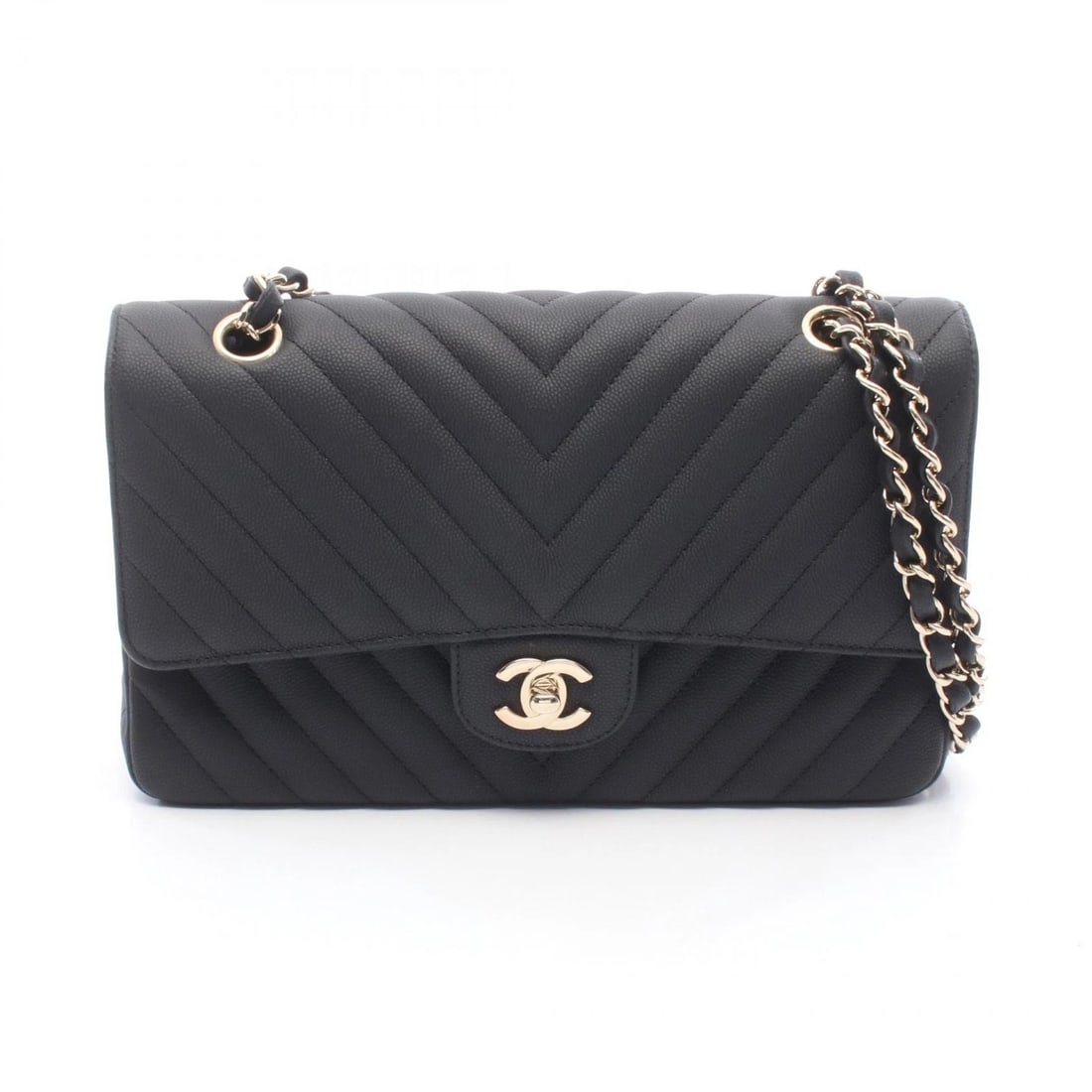 CHANEL CHEVRON V-STITCH W-FLAP CHAIN SHOULDER BAG: CHANEL Chevron V-stitch W-flap Chain Shoulder Bag Brand: CHANEL Type/Style: Shoulder Bag Material: Grained Calfskin leather Color: Black?ish colors Size: (H:6.3inch x W:9.8inch x D:2.6inch) Access