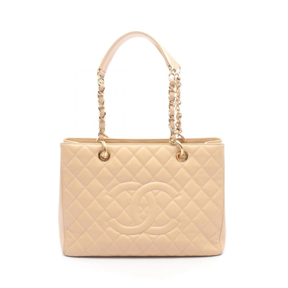 CHANEL MATELASSE GRAND SHOPPING GST CHAIN SHOULDER TOTE BAG: CHANEL Matelasse Grand Shopping GST Chain Shoulder Tote Bag Brand: CHANEL Type/Style: Tote Bag Material: Grained Calfskin leather Color: Beige?ish colors Size: (H:9.6inch x W:13.4inch x D:5.1inch)