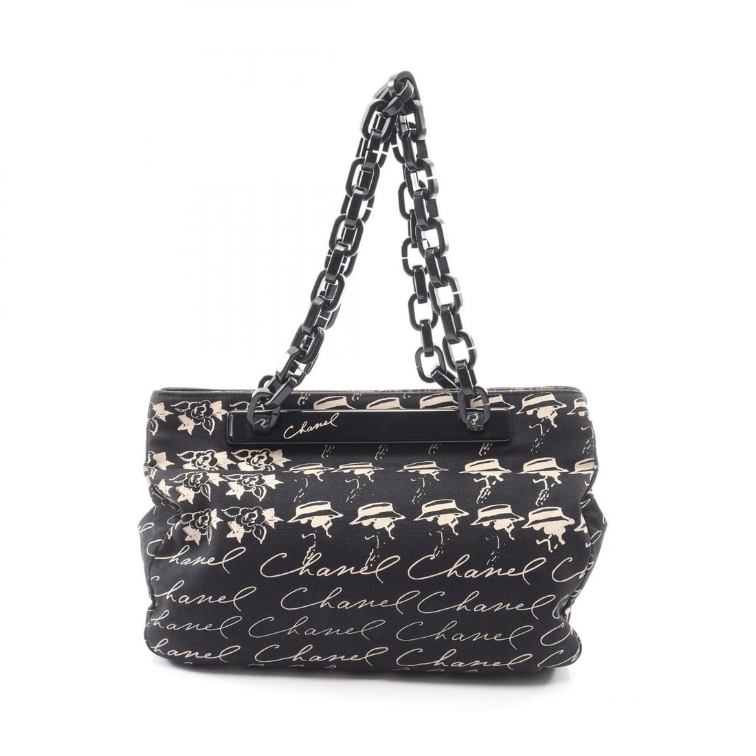 CHANEL MARK CAMELLIA CHAIN TOTE BAG CANVAS BLACK HARDWARE: CHANEL Mark Camellia Chain Tote Bag canvas Black Hardware Brand: CHANEL Type/Style: Tote Bag Material: canvas Color: Black?ish colors Size: (H:8.7inch x W:11.4inch x D:4.7inch) Accessories: None <