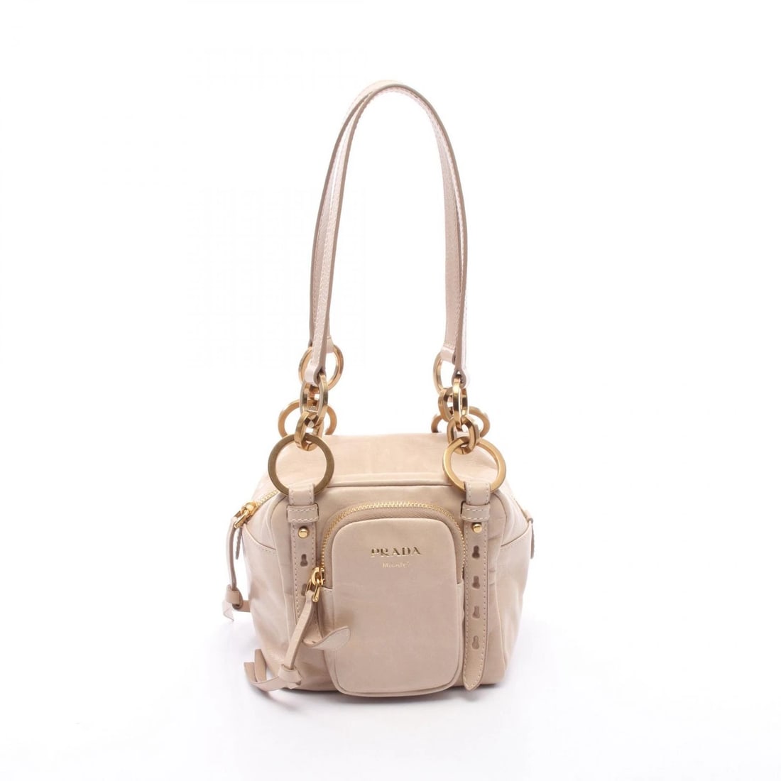 PRADA DANGLE MINI SHOULDER BAG LEATHER BEIGE: PRADA Dangle Mini Shoulder Bag leather Beige Brand: PRADA Type/Style: Shoulder Bag Material: leather Color: Beige?ish colors Size: (H:5.9inch x W:5.9inch x D:4.7inch) Accessories: None Acc