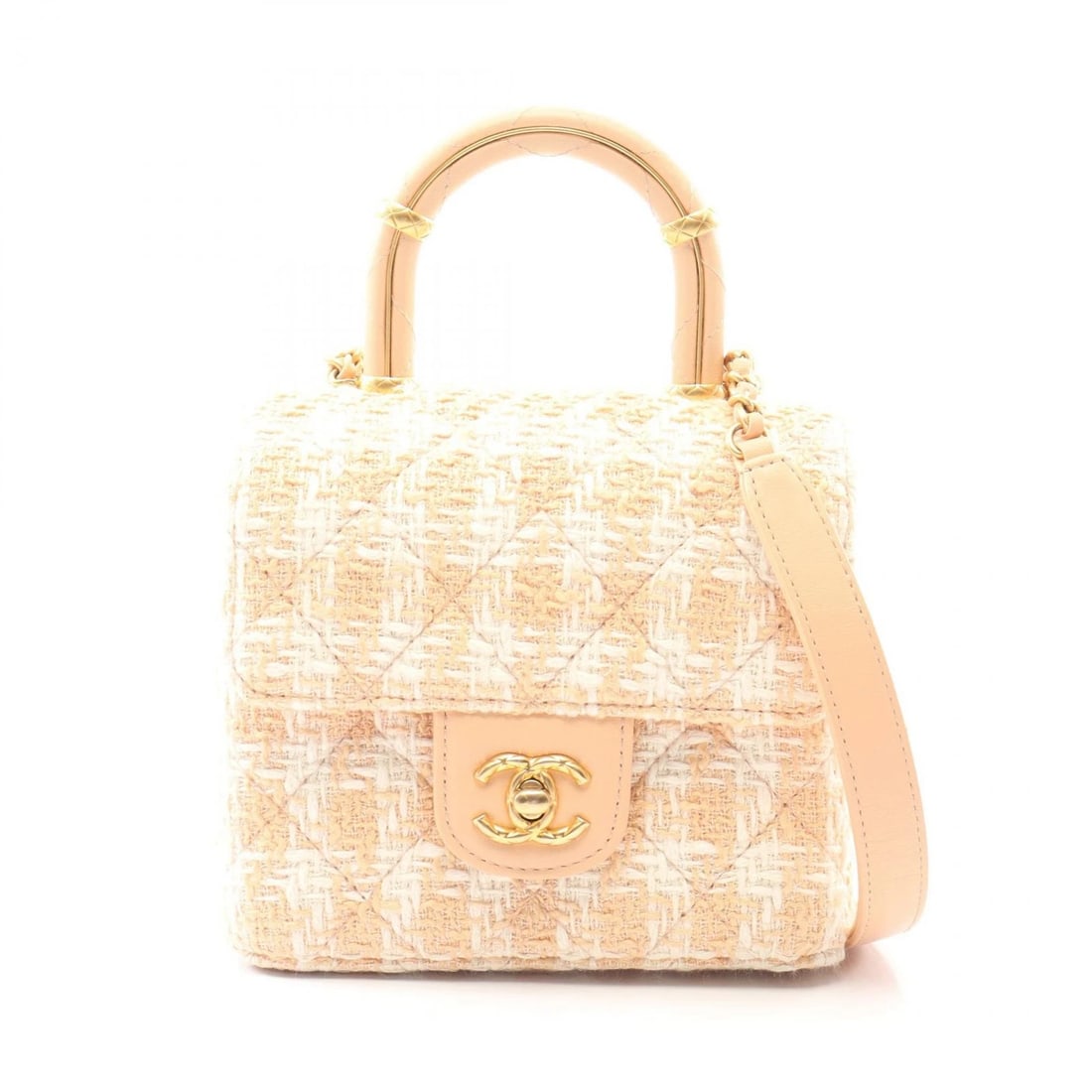 CHANEL MATELASSE TOP HANDLE SHOULDER HANDBAG: CHANEL Matelasse Top Handle Shoulder Handbag Brand: CHANEL Type/Style: Shoulder Bag Material: Fabric ? leather Color: Pink?ish colors ? White?ish colors Size: (H:5.5inch x W:5.9inch x D:2.8inch)