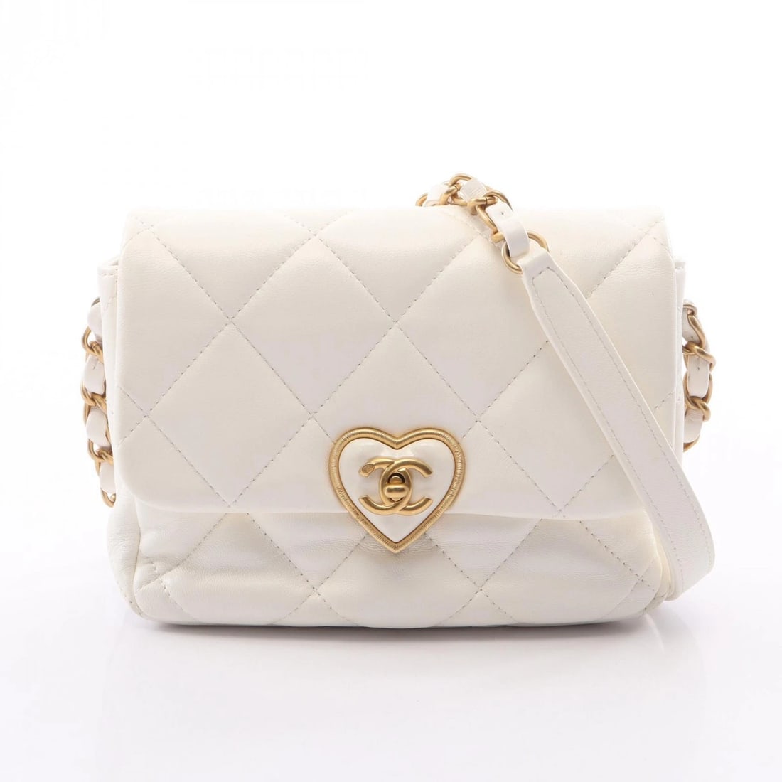 CHANEL MATELASSE HEART LOCK CHAIN SHOULDER CROSSBODY BAG: CHANEL Matelasse Heart Lock Chain Shoulder Crossbody Bag Brand: CHANEL Type/Style: Shoulder Bag Material: Lambskin (sheep leather) Color: White?ish colors Size: (H:5.1inch x W:7.1inch x D:2.0inch)