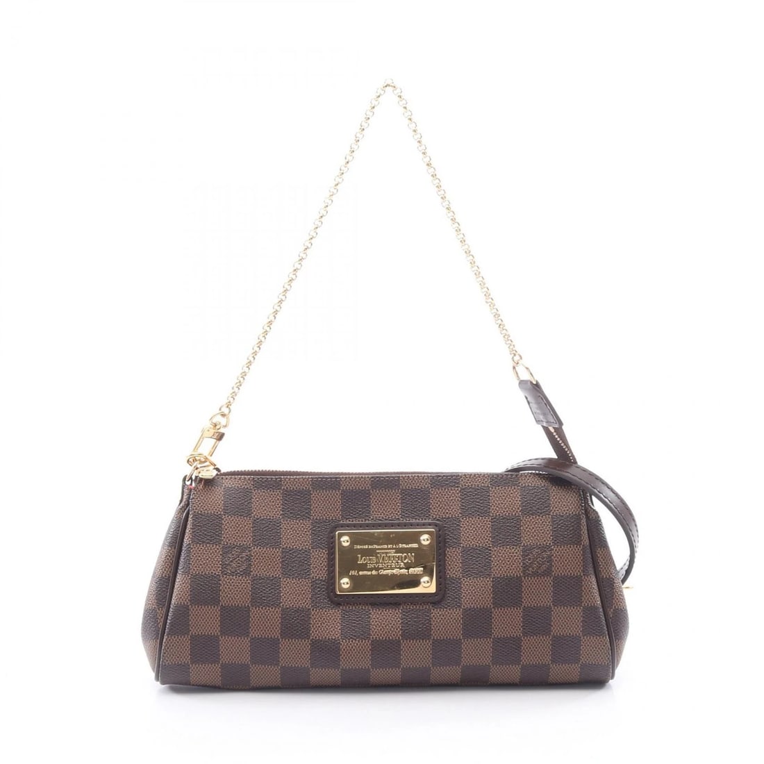LOUIS VUITTON EVA CHAIN CROSSBODY HANDBAG: LOUIS VUITTON Eva Chain Crossbody Handbag Brand: LOUIS VUITTON Type/Style: Handbag Material: Damier ? PVC coated canvas ? leather Color: Ebene / Brown?ish colors Size: (H:4.7inch x W:9.8inch x D:1.6in