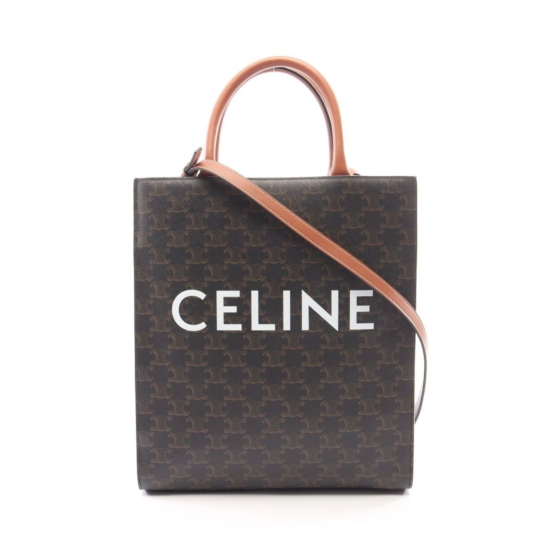 CELINE SMALL VERTICAL CABAS TRIOMPHE 2WAY TOTE BAG: CELINE Small Vertical Cabas Triomphe 2WAY Tote Bag Brand: CELINE Type/Style: Tote Bag Material: PVC coated canvas ? leather Color: Black?ish colors ? Brown?ish colors Size: (H:12.8inch x W:11.0inch x 
