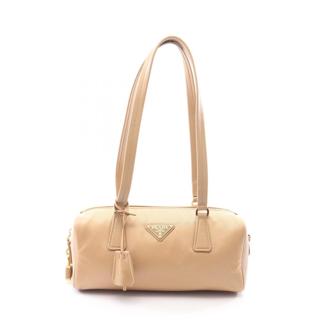 PRADA RE-NYLON MEDIUM TOP HANDLE SHOULDER BAG: PRADA Re-Nylon Medium Top Handle Shoulder Bag Brand: PRADA Type/Style: Shoulder Bag Material: Nylon ? leather Color: Beige?ish colors Size: (H:4.7inch x W:11.4inch x D:3.9inch) Accessories: None <