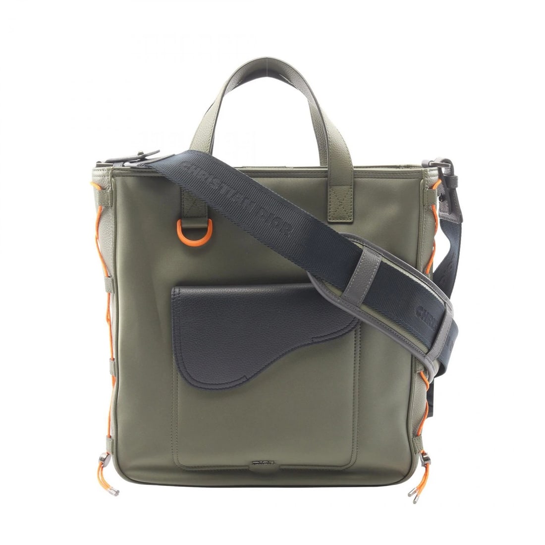 CHRISTIAN DIOR SACAI SADDLE TOTE SHOULDER BAG: Christian Dior Sacai SADDLE Tote Shoulder Bag Brand: DIOR Type/Style: Tote Bag Material: Nylon ? leather Color: Khaki?ish colors ? Navy?ish colors ? Orange?ish colors Size: (H:12.6inch x W:11.8inch x 