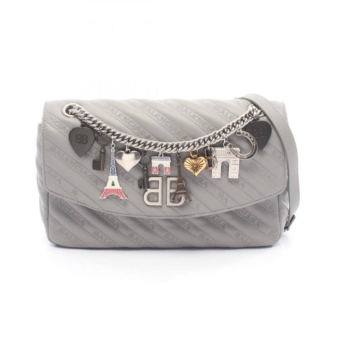 BALENCIAGA BB ROUND CHAIN SHOULDER HANDBAG: BALENCIAGA BB round Chain Shoulder Handbag Brand: BALENCIAGA Type/Style: Shoulder Bag Material: leather Color: Gray?ish colors Size: (H:7.1inch x W:10.6inch x D:3.0inch) Accessories: None