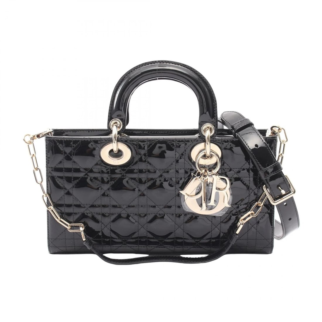 CHRISTIAN DIOR LADY D-JOY MEDIUM 2WAY HANDBAG: Christian Dior LADY D-Joy Medium 2WAY Handbag Brand: DIOR Type/Style: Handbag Material: Patent leather Color: Black?ish colors Size: (H:5.3inch x W:10.0inch x D:2.0inch) Accessories: None