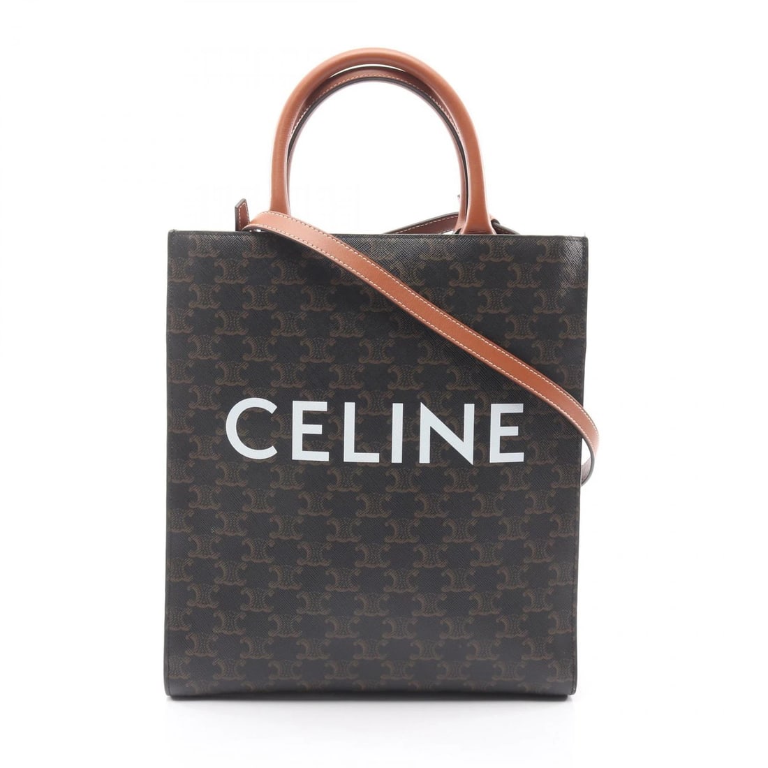 CELINE SMALL VERTICAL CABAS TRIOMPHE 2WAY TOTE BAG: CELINE Small Vertical Cabas Triomphe 2WAY Tote Bag Brand: CELINE Type/Style: Tote Bag Material: PVC coated canvas ? leather Color: Black?ish colors ? Brown?ish colors Size: (H:12.8inch x W:11.0inch x 