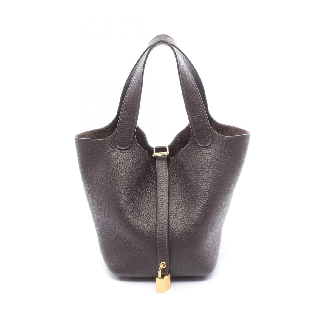 HERMES PICOTIN LOCK PM TOTE HANDBAG: HERMES Picotin Lock PM Tote Handbag Brand: HERMES Type/Style: Handbag Material: Taurillon Clemence ? leather Color: Evennes / Brown?ish colors Size: (H:7.3inch x W:7.5inch x D:5.3inch) Accessories
