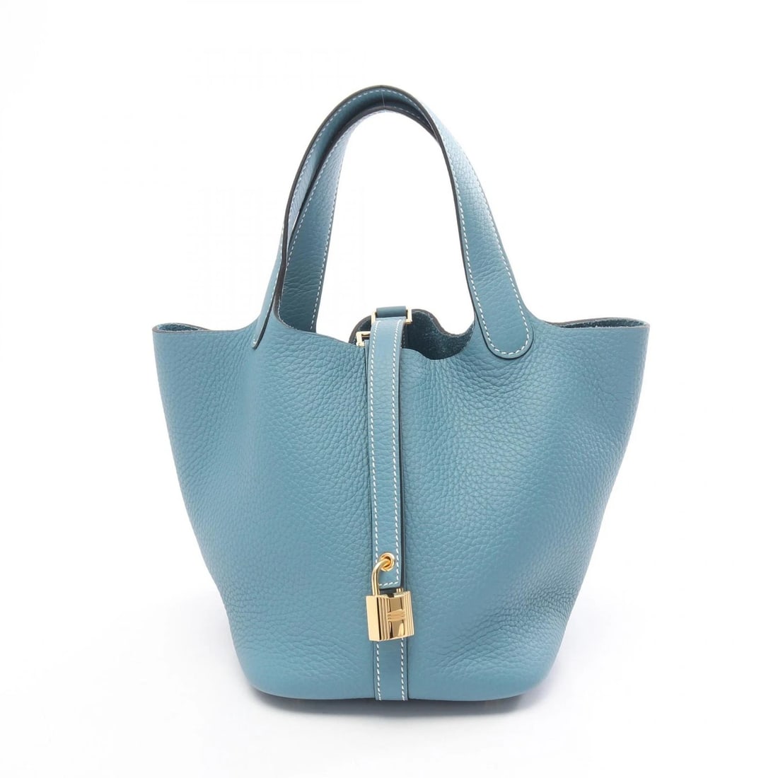 HERMES PICOTIN LOCK PM TOTE HANDBAG: HERMES Picotin Lock PM Tote Handbag Brand: HERMES Type/Style: Handbag Material: Taurillon Clemence ? leather ? Taurillon Clemence Color: Blue Jeans / Blue?ish colors Size: (H:7.3inch x W:7.5inch x D:5